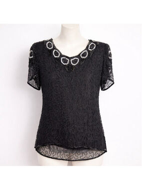 Vintage Sweelo Black Heavily Beaded Retro Glam Statement Luxury 100% Silk Top M